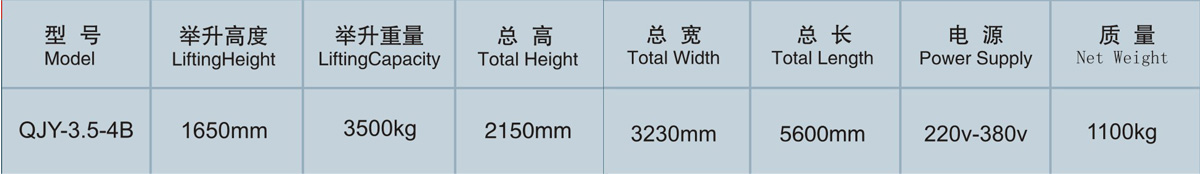 信力QJY4B四柱舉升機(jī)技術(shù)參數(shù)