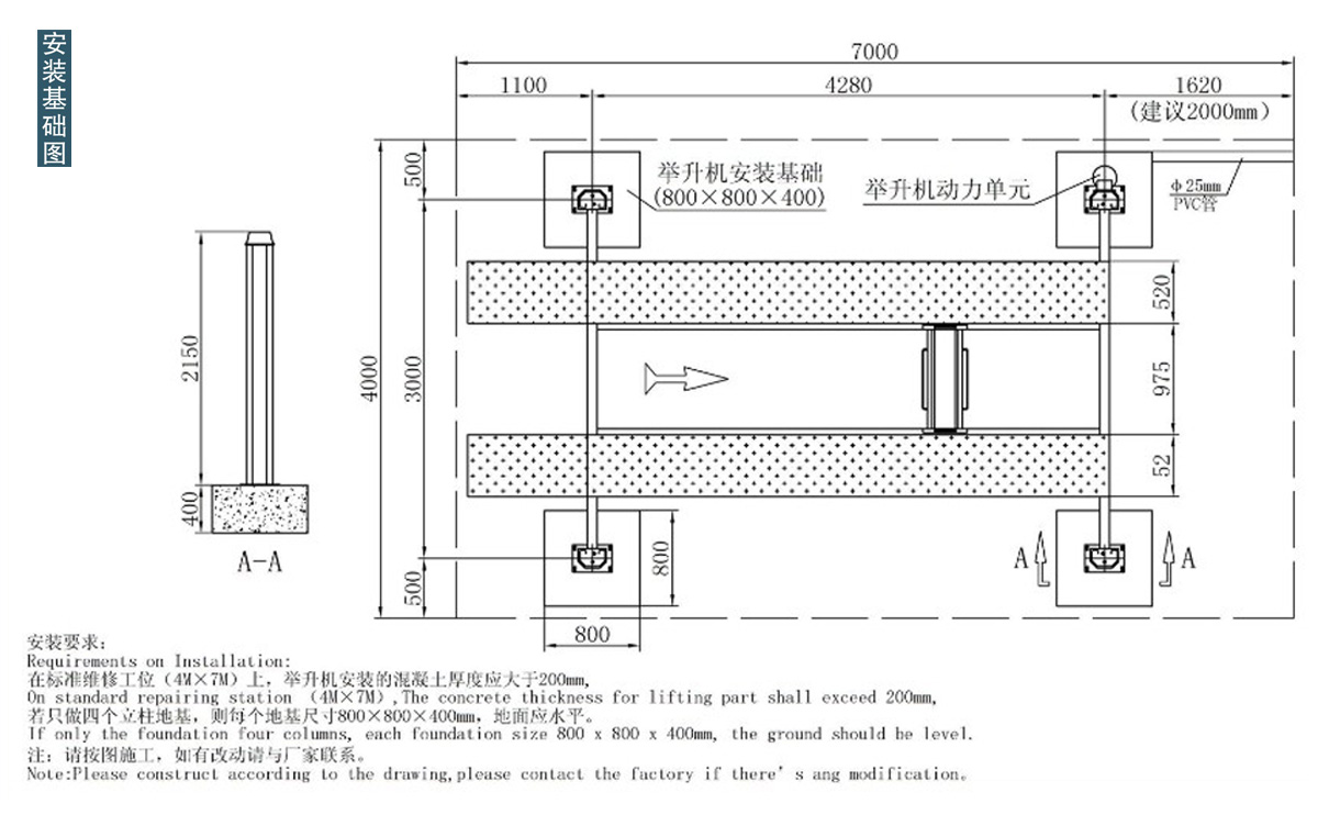 信力QJY4B四柱液壓舉升機(jī)安裝基礎(chǔ)圖